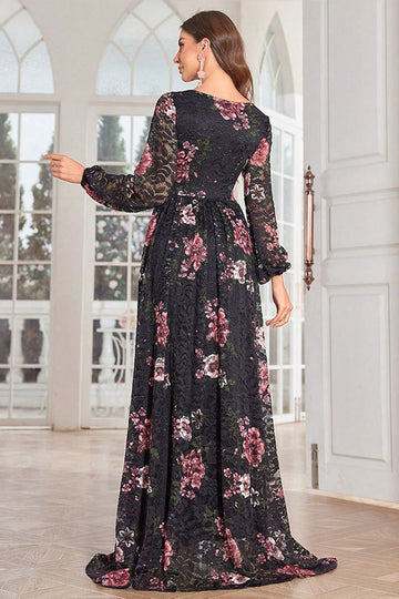 A Line Long Sleeves Floral Print Black Long Ball Dress
